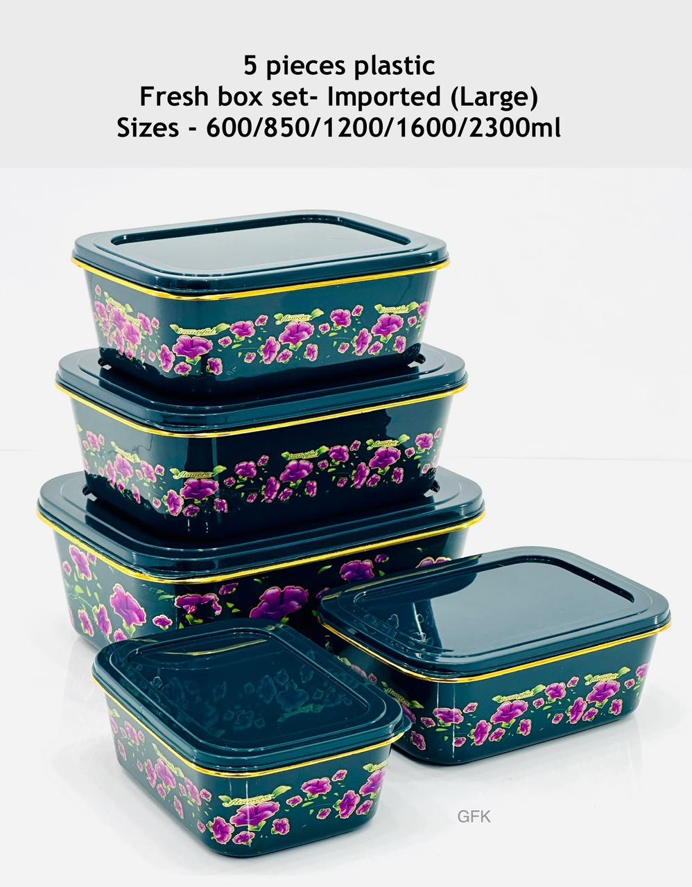 5 Pieces Plastic Fresh Box set - Imported (Large) Sizes  - 600/850/1200/1600/2300ml