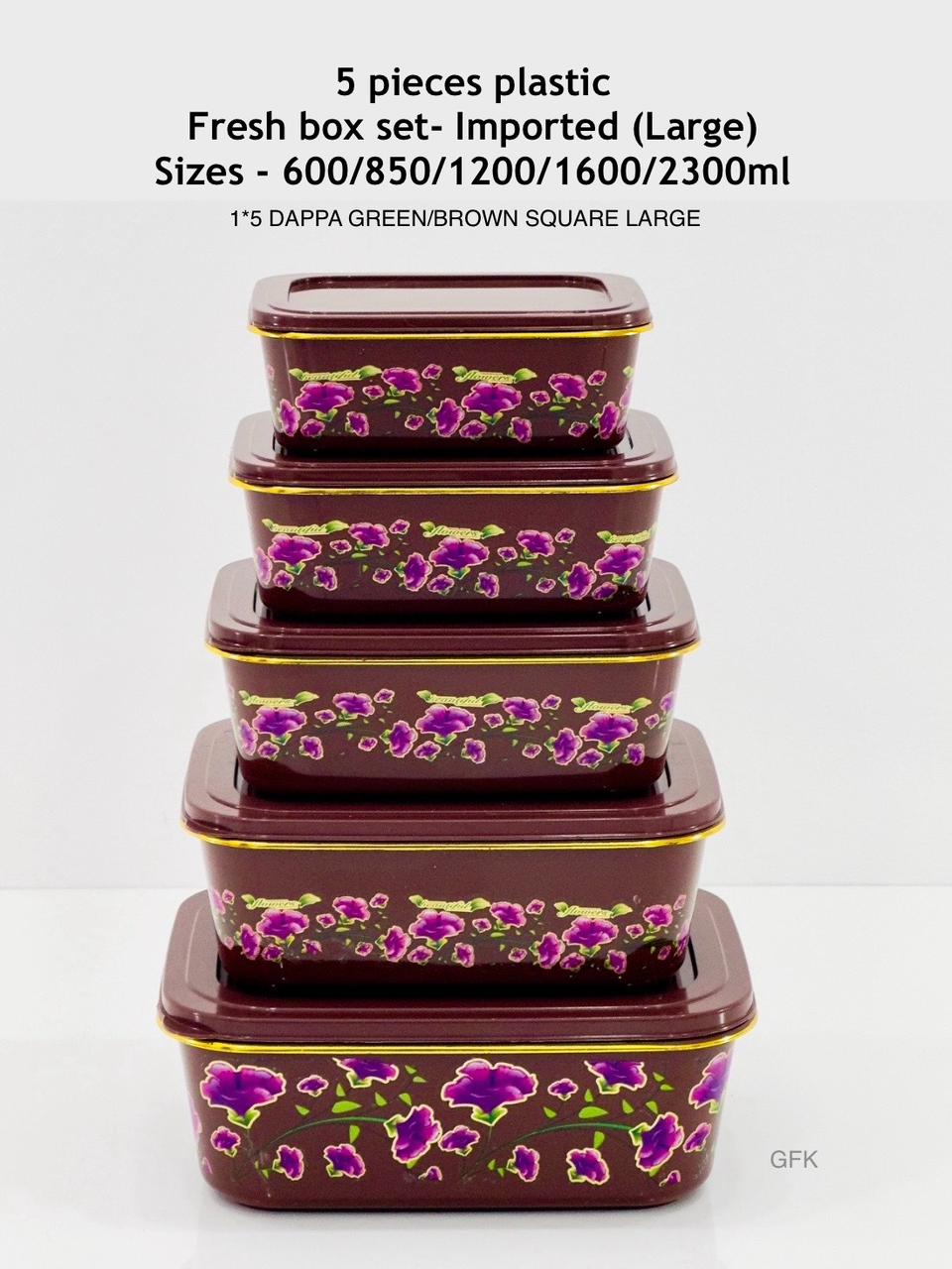 5 Pieces Plastic Fresh Box set - Imported (Large) Sizes  - 600/850/1200/1600/2300ml