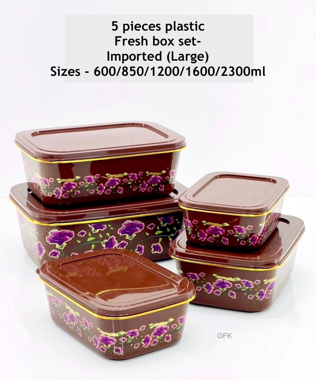 5 Pieces Plastic Fresh Box set - Imported (Large) Sizes  - 600/850/1200/1600/2300ml