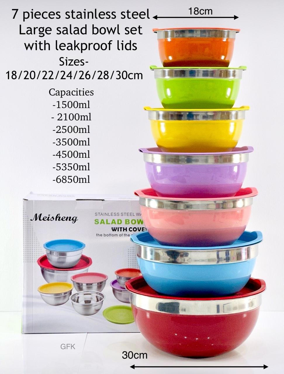 7 Pieces Stanless Steel Large Salad Bowl Set With Leakproof Lids Sizes - 18/20/ 22/24/26/28/30cm