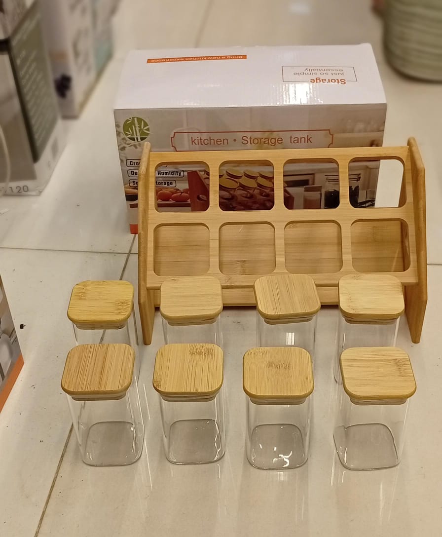 KITCHEN STORAGE BOTTLES  WOOD STAND  GLASS
