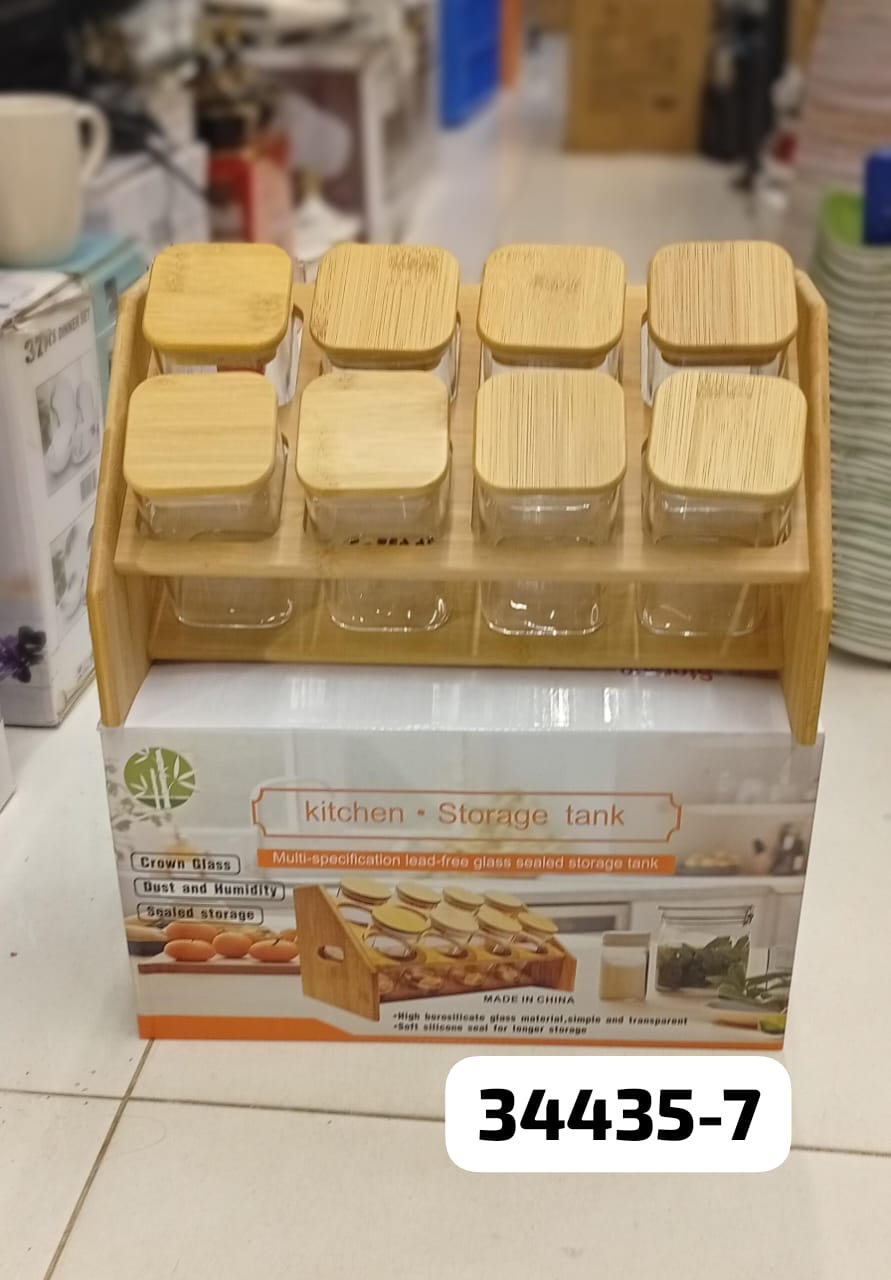 KITCHEN STORAGE BOTTLES  WOOD STAND  GLASS