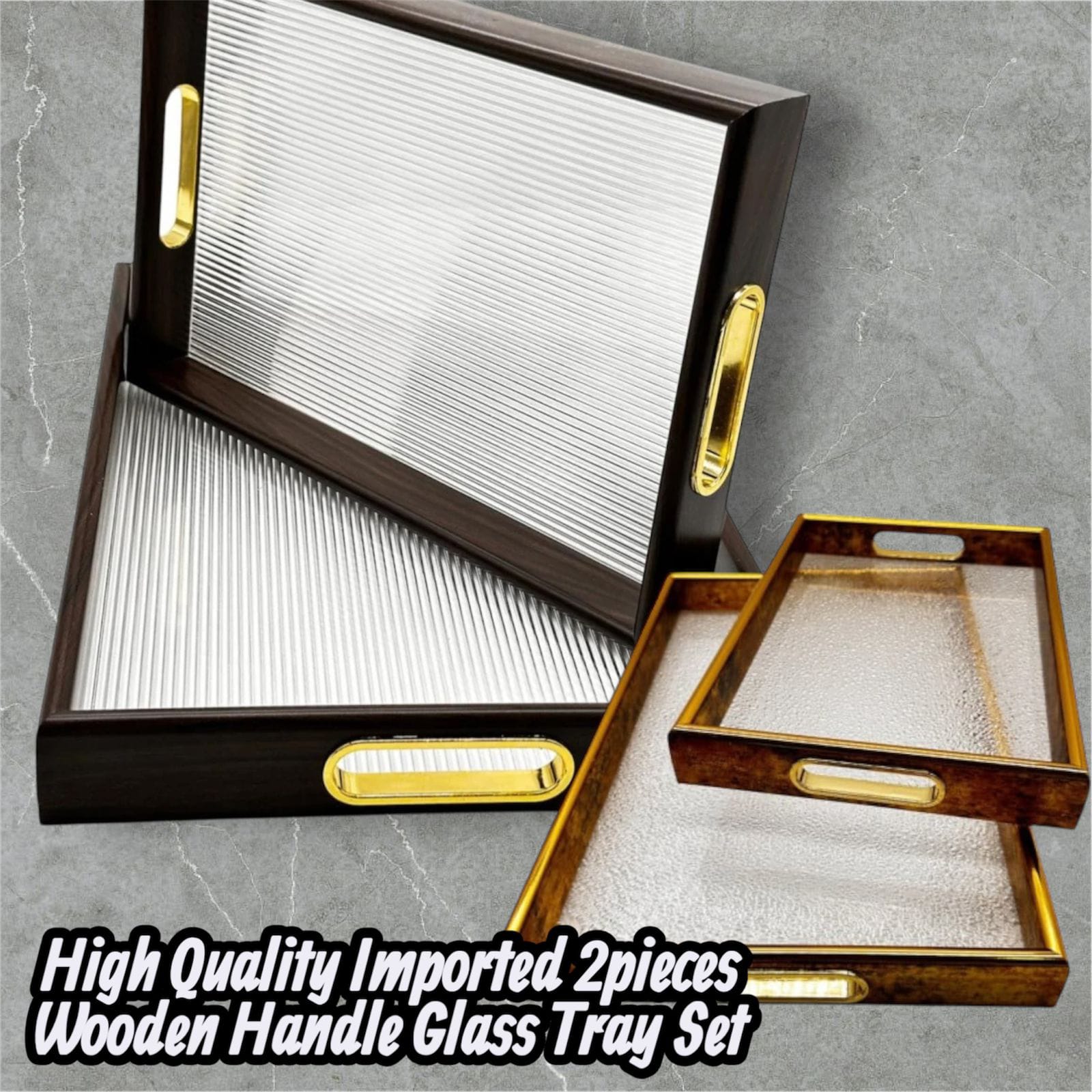 High Quality Imported 2pieces Wooden Handle Glass| Mirror Tray Set