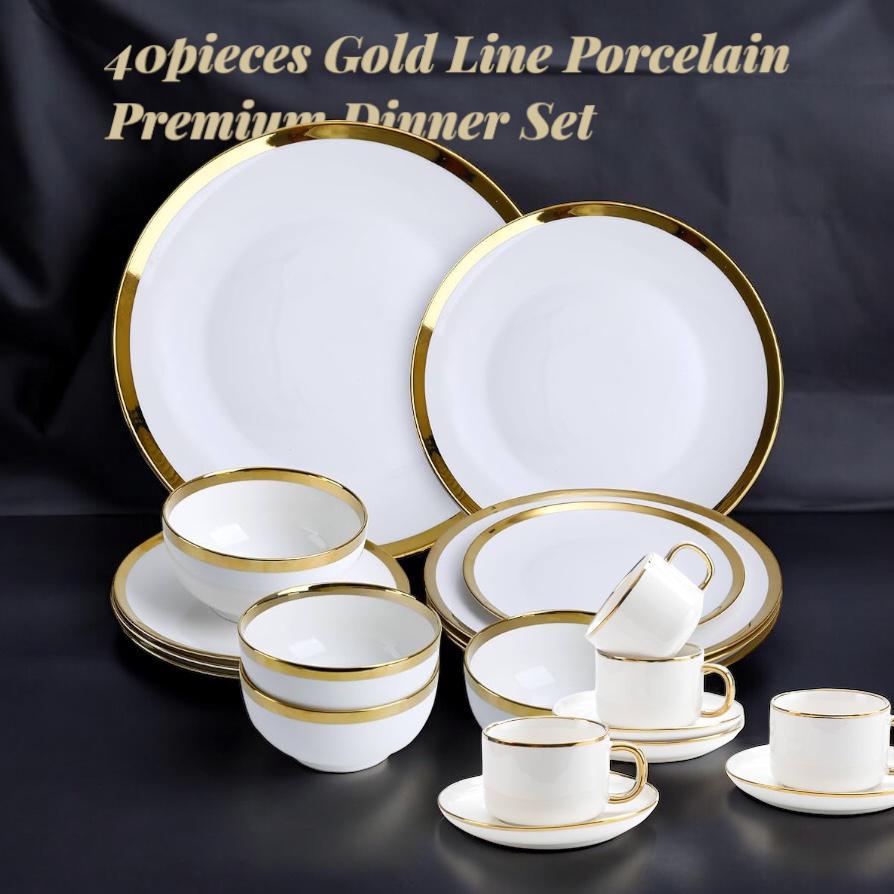 40pcs Porcelain Gold Line Dinner Set - /= OFFER 17&18  (Sawan 12.5” x 1)  (Dinner Plate 10.5” x 6)  (Dinner Plate 9” x 6)  (Bowl 6” x 3) (Bowl 5” x 6)  (Bowl 4” x 6) (Tea Cup 180ml x 6 | Saucer x 6)